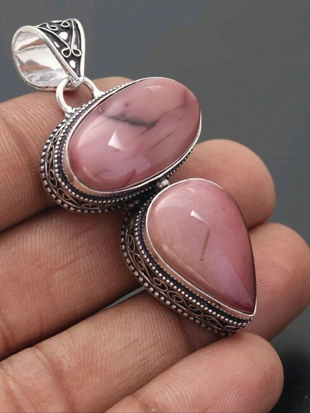 Natural Mookaite Pink Stone Double Drop Pendant Necklace 925 Sterling Silver New